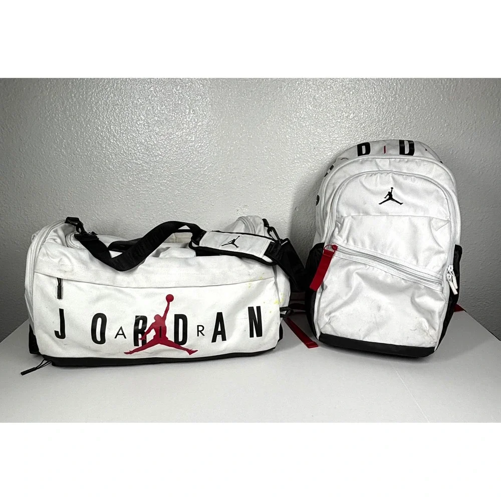 2 Nike Jordan Jumpman Duffel Bag‎ + Backpack SET White Black Red Logo 2pc LOT